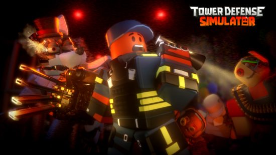 Tower Defense Simulator codes: An orange Lego man in a blue, yellow, and black high-vis outfit screams as he's attacked by two enemies