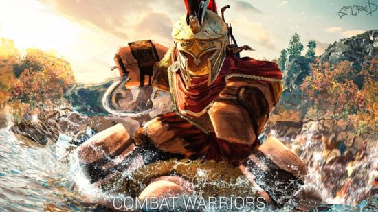 Combat Warriors codes: A Spartan warrior wearing gold armour races through a stream