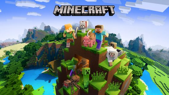 Minecraft commands cheats: Several Minecraft characters on a blocky tower with a wolf, pig, sheep, and several zombies