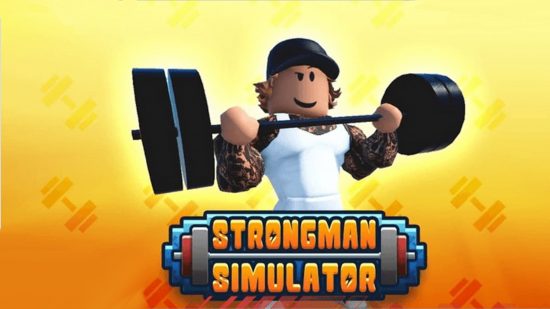 Strongman Simulator codes: A tattooed man in a white tank top squat lifts a bar full of weights