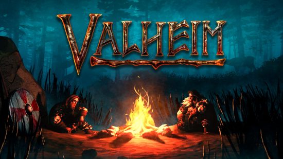 Valheim console commands: Two vikings gather around a fire at night